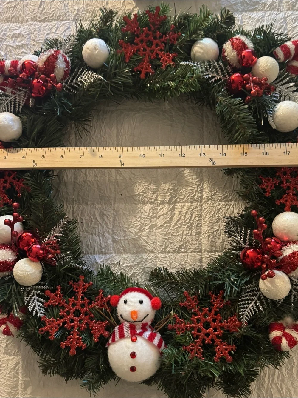 Festive Snowman Holiday Wreath in Green, Red & White